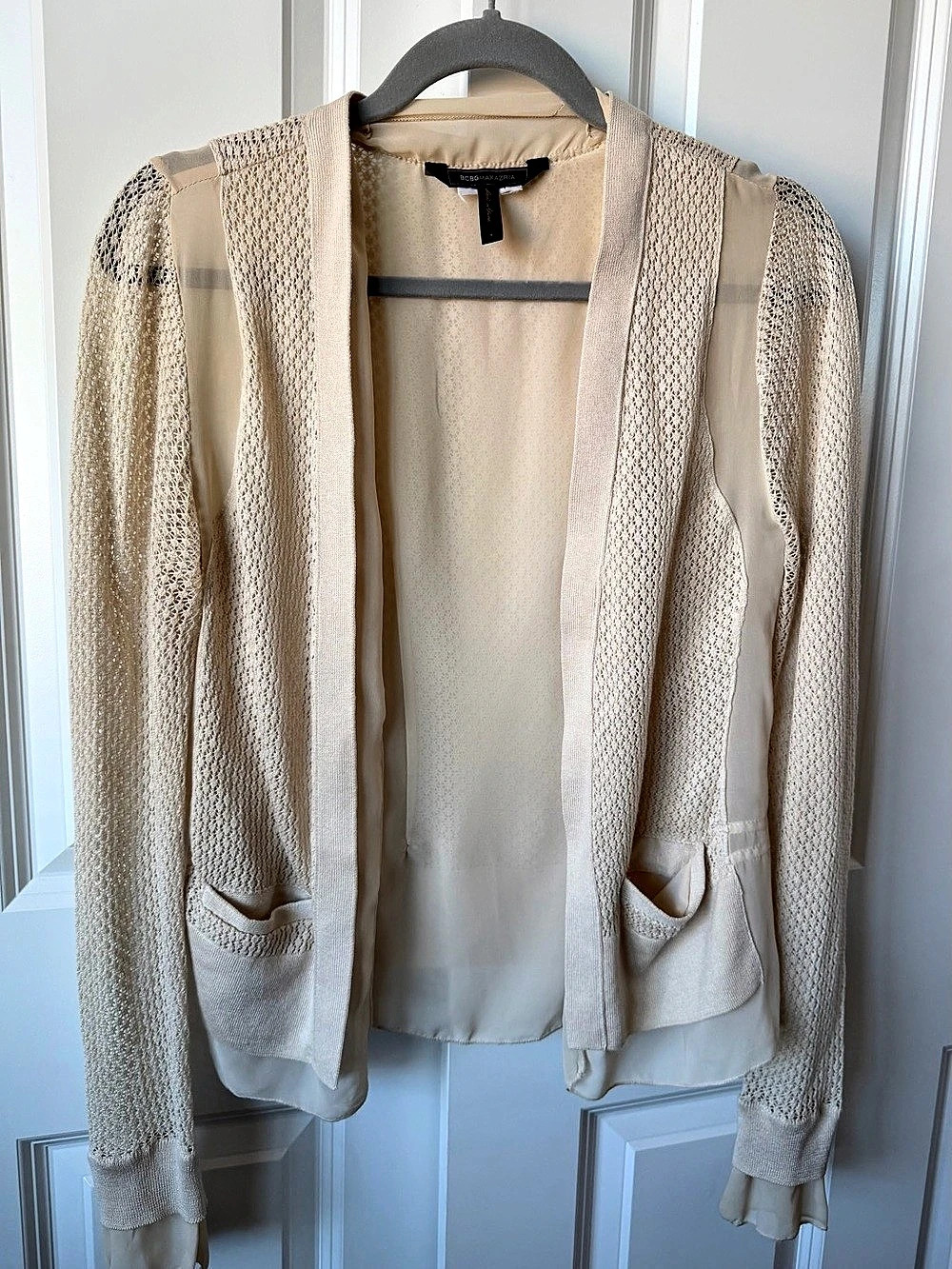 BCBG Max Azria Cream Mixed Media Open Knit Chiffon Cardigan Small